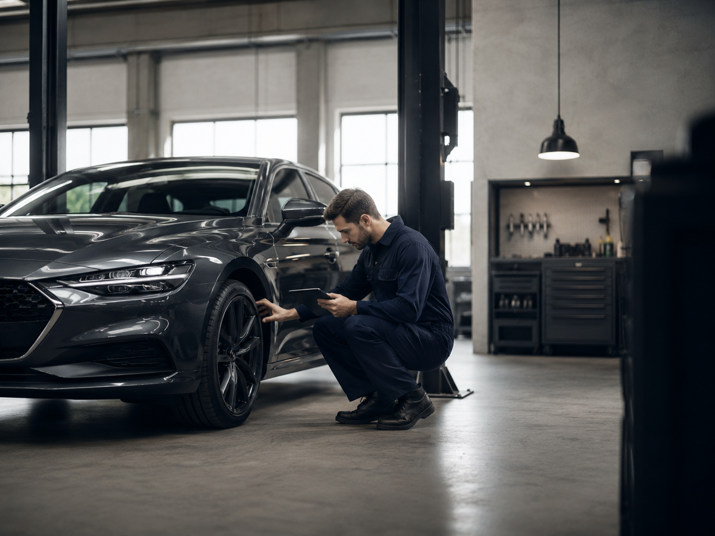 Mechaniker prüft ein Fahrzeug in einer modernen Werkstatt in Berlin
