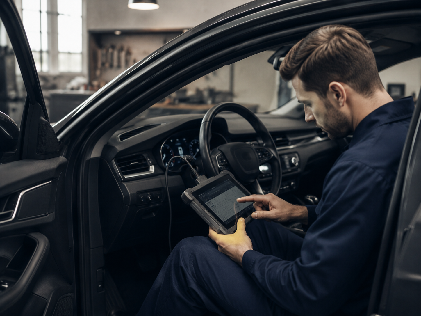 Mechaniker führt eine Fahrzeugdiagnose im Innenraum durch