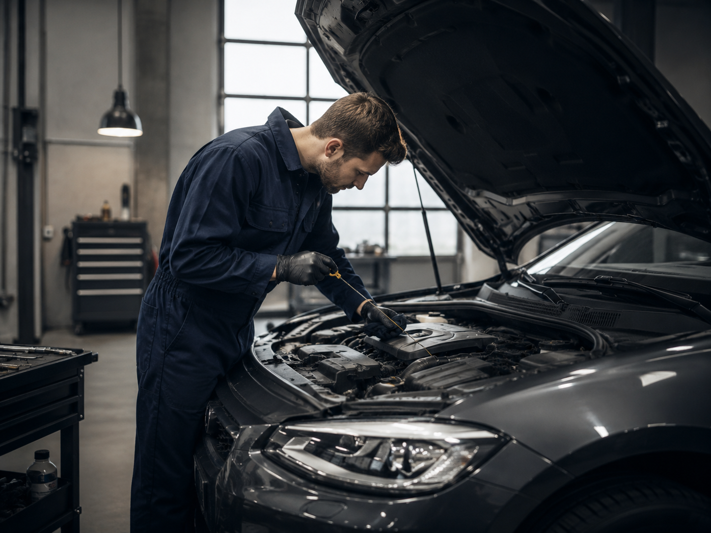 Mechaniker prüft den Motorraum bei einer Wartung