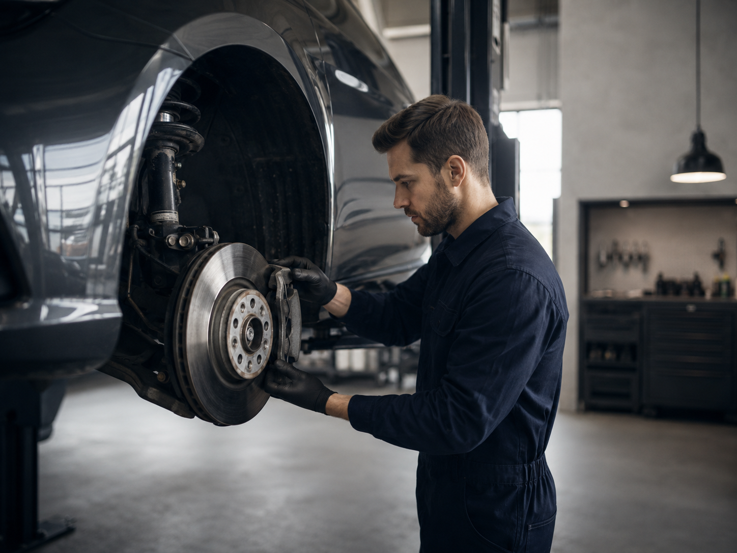 Mechaniker arbeitet an Bremsen und Fahrwerk eines Fahrzeugs